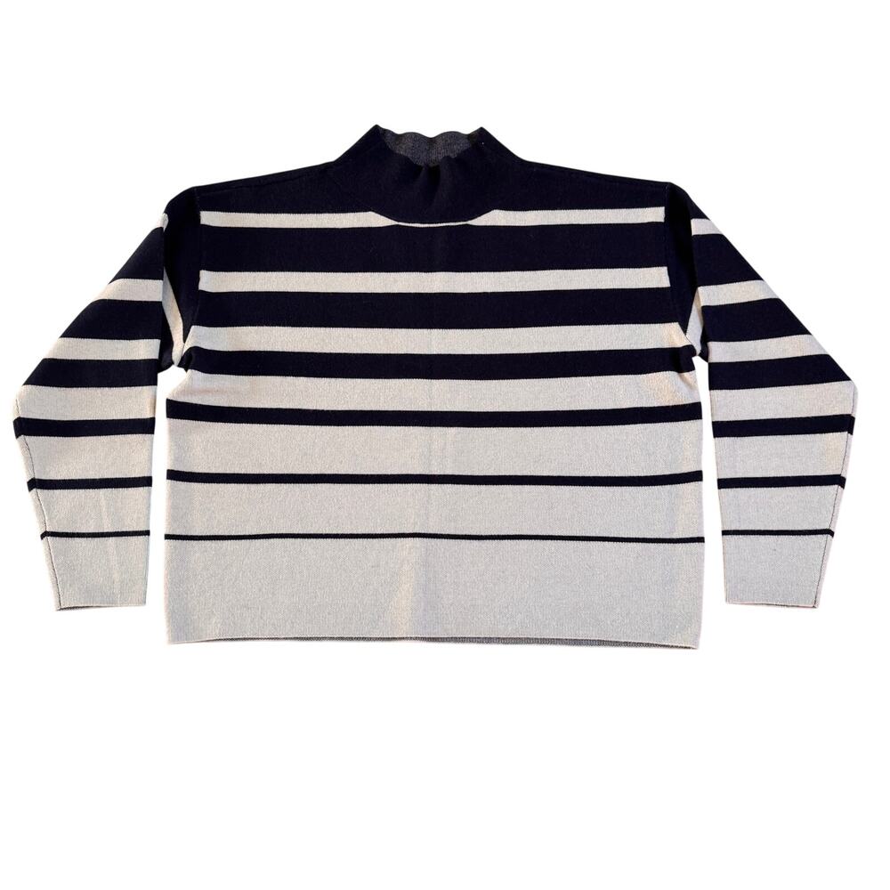 Maeve Anthropologie Carys Mock Neck Navy White Striped Sweater Sz Medium Preppy - Picture 2 of 10